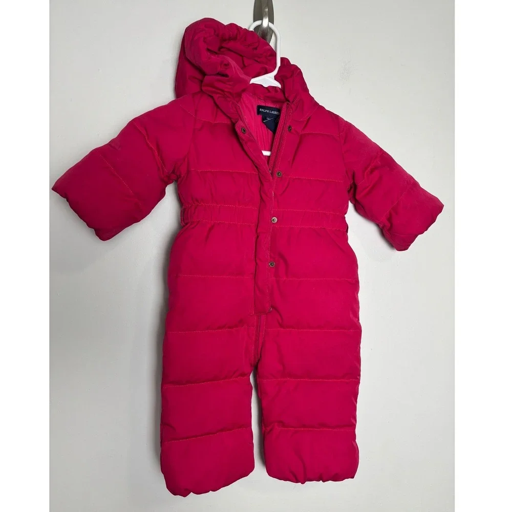 Ralph Lauren Infant Girls Quilted Down Snowsuit 12M Pink Hooded Bunting